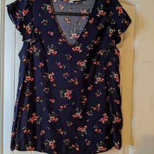 Blue Floral Ruffle Sleeve Blouse